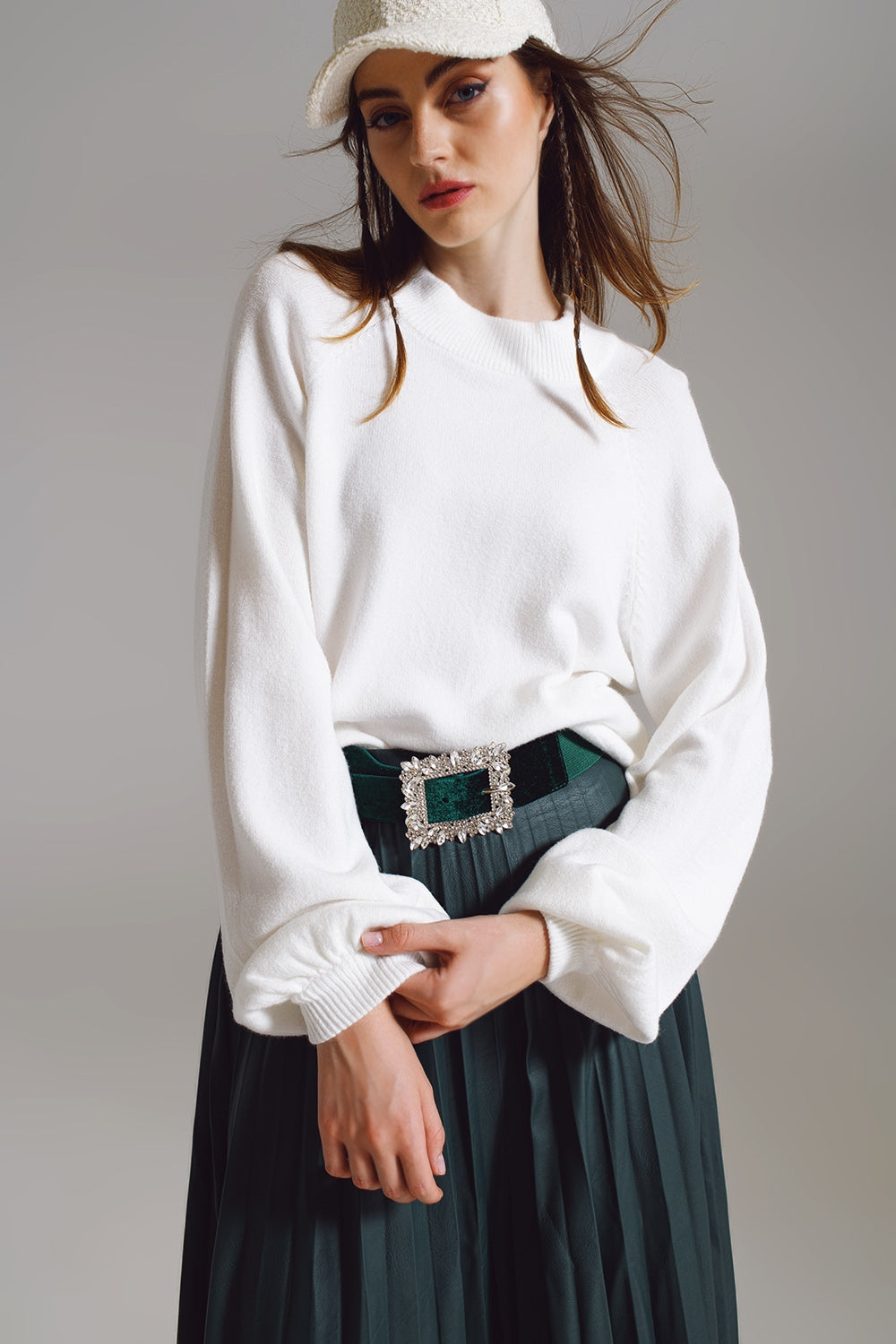 entspannter Pullover mit Ballonärmeln für Damen in weiss