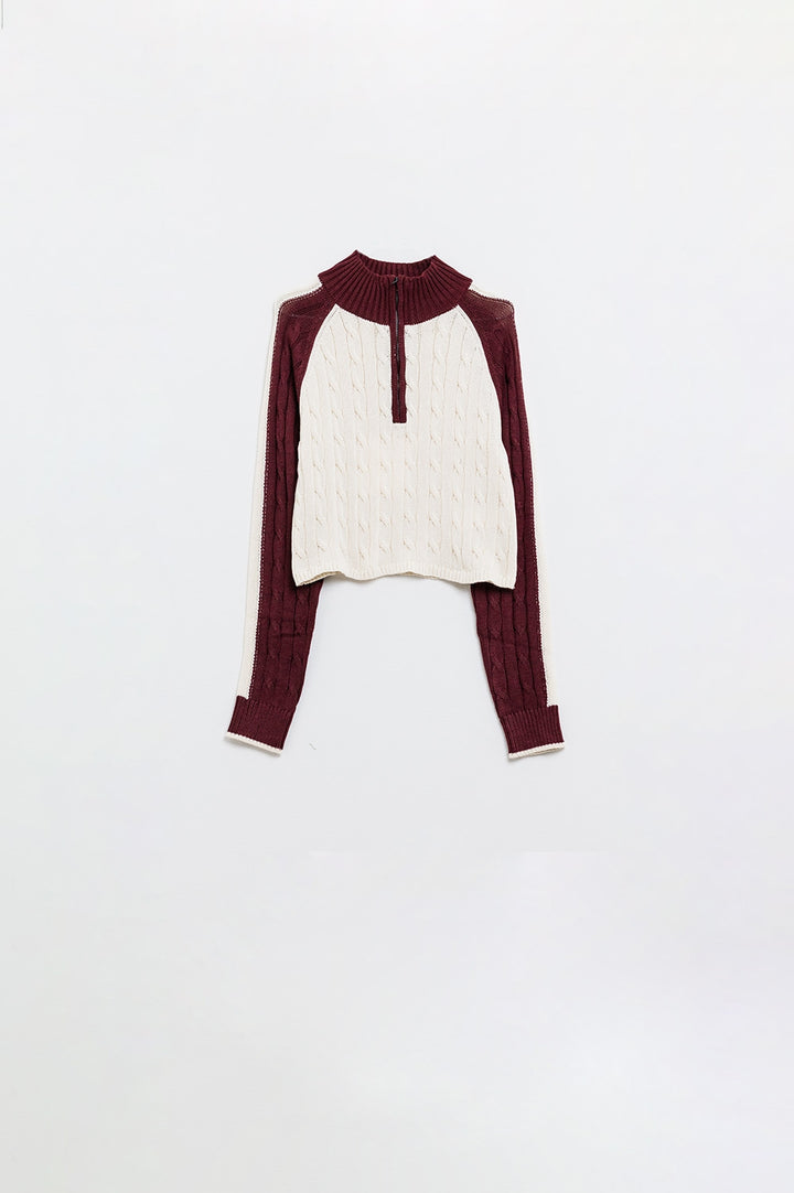 Half-Zip-Pullover - weiss/burgundy