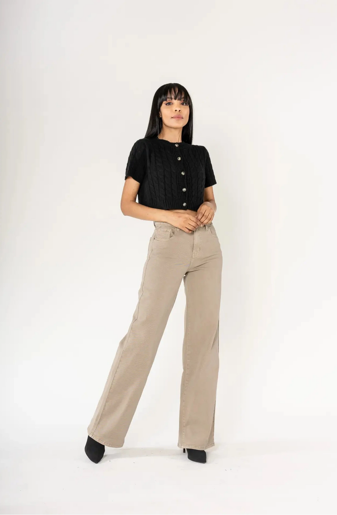 High-Waisted Wide Leg Jeans 70-Retro - beige