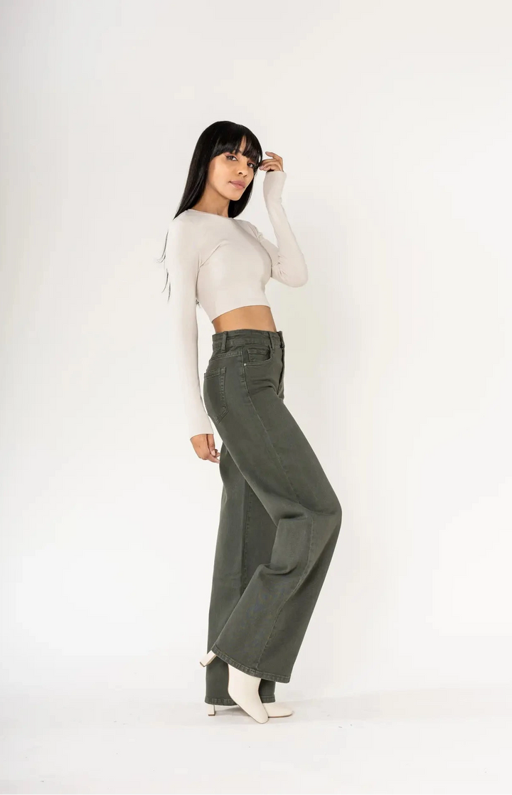 High-Waisted Wide Leg Jeans 70-Retro - khaki