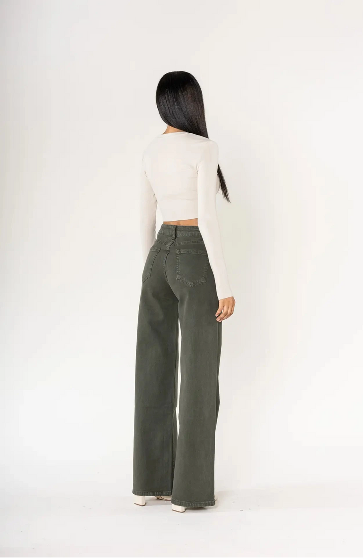 High-Waisted Wide Leg Jeans 70-Retro - khaki
