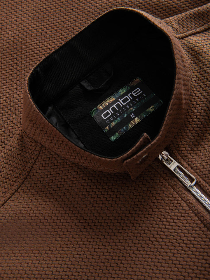 strukturierte Bikerjacke mit Stehkragen - braun