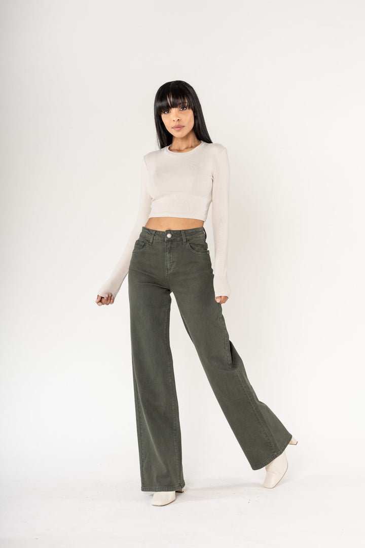High-Waisted Wide Leg Jeans 70-Retro - khaki